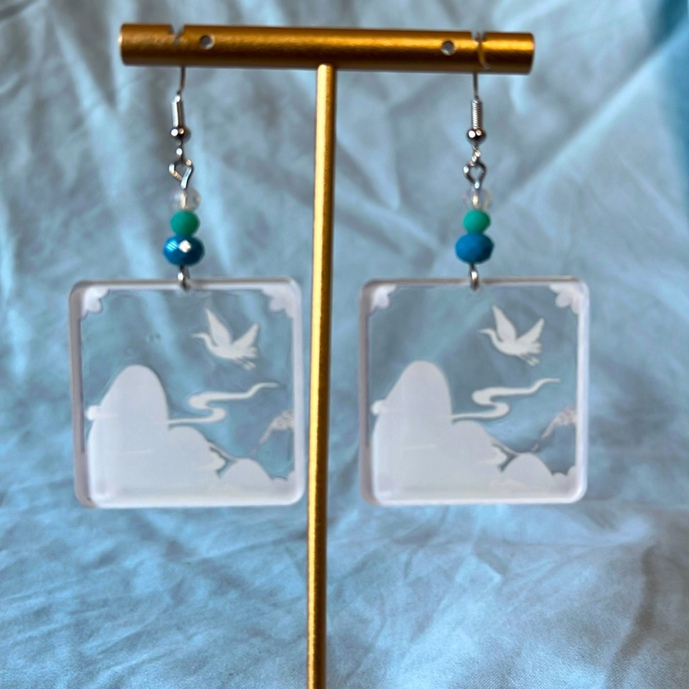 Sold-Transparent Square Shape Mountain Crane Asian Dangle Acrylic Earrings - Picture 3 of 5